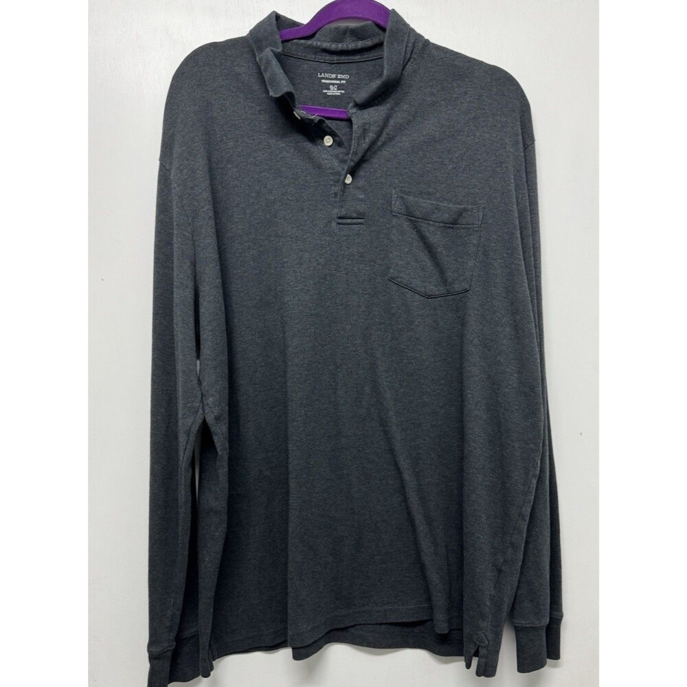 Lands End Polo Shirt Men's XL Long Sleeve Gray Pima Cotton Knit Soft Warm